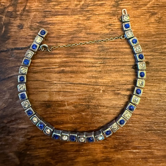 Vintage Jewelry - Antique Elegant Blue and White Rhinestone and Silver Bracelet